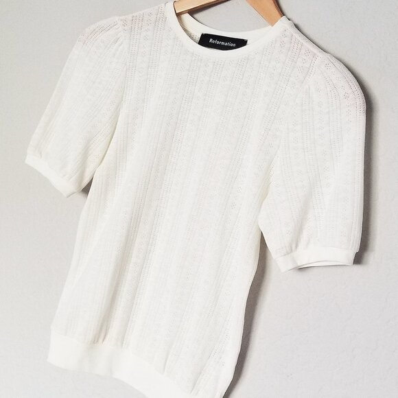 Reformation Rylie Pointelle Tee Shirt Top XS Short Sleeve Ivory Ecru Crewneck - Picture 9 of 16